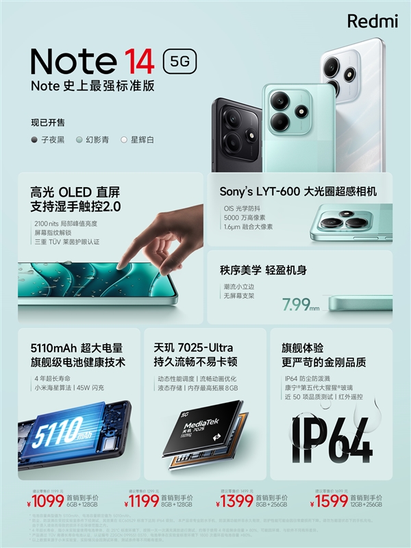 現金網：Note史上最強標準版！Redmi Note 14發佈：1099元起
